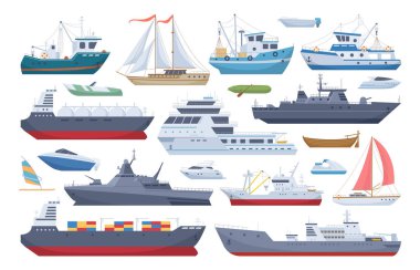 Deniz nakliye gemileri, çizgi film gemileri, yat ve motorlu tekne. Okyanus gezisi teknesi, balıkçılık ve kargo tekneleri düz vektör çizimleri koleksiyonu. Su taşıma seti