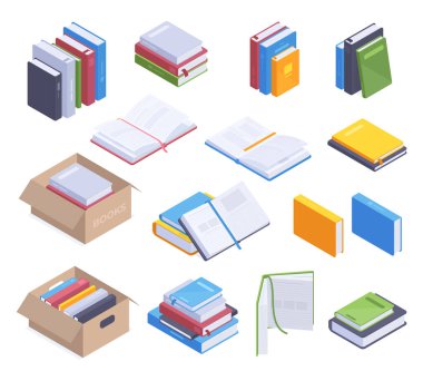 Isometric kitaplar, kurgu, fantezi veya eğitim edebiyatı, kitapçı koleksiyonu. Okul kitapları, ansiklopedi ve 3d ders kitabı vektör illüstrasyon seti. Kitap yığınları koleksiyonu