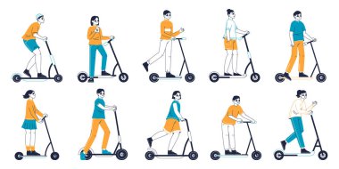 Elektrikli scooterlara binen insanlar, çevre dostu ulaşım. Modern ekolojik araçlara binen genç erkek ve kadınların ana hatları düz vektör çizim seti. Scooter kullanıcılarını tekmele