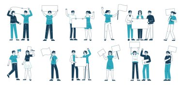 Protestocular, protestocular, eko ya da siyasi eylemciler. Taslak insanlar boş pankartlar ve düz vektör illüstrasyon setleriyle kalabalıklar. Eylemci koleksiyonu gösteriliyor