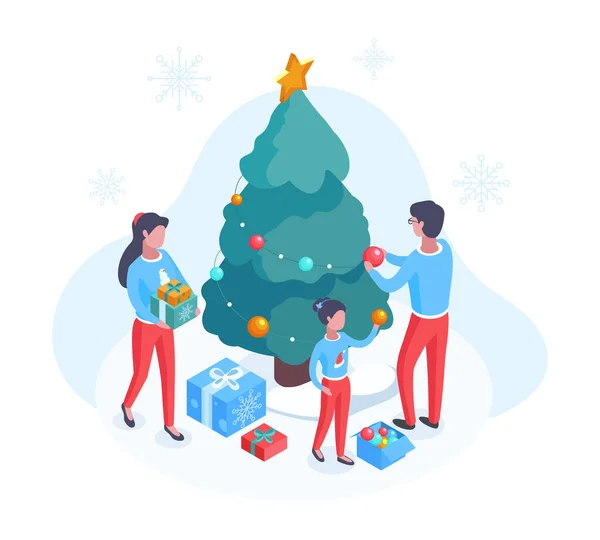 Izometrikus Karácsonyfadíszítés Emberek Díszítéseket Koszorúkat Tesznek Karácsonyfára Boldog Családi Téli — Stock Vector