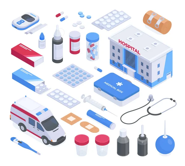 Isometric health care supplies, pharmacy medicines and first aid kit case. Emergency tools, ambulance, health care medical pills and drugs vector illustration set. Pharmacy supplies collection