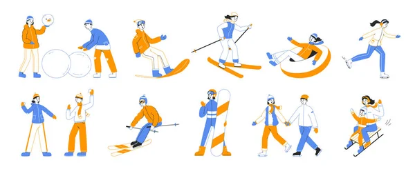 Winter sport activities, people skiing, skating and snowboarding. Flat outline characters doing winter activities vector symbols illustration set. Snow sports collection
