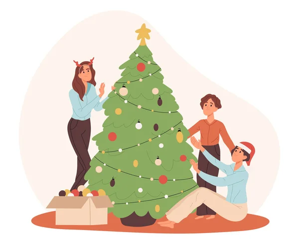 Χριστουγεννιάτικο Δέντρο Διακόσμηση Ευτυχισμένη Οικογένεια Χριστούγεννα Χειμερινές Διακοπές Προετοιμασία Άνθρωποι — Διανυσματικό Αρχείο