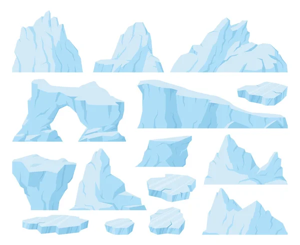 漫画の氷山 北極の氷河 氷のピークと雪の山 凍結された水の結晶 青い氷のブロックと浮動氷のフローベクトル記号のイラストセット 北極海の氷蔵 — ストックベクタ