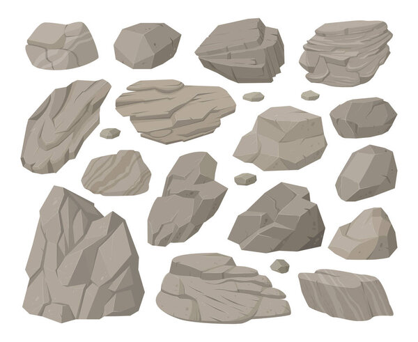 Rock stones, cartoon rocks pebble pile and gray stones. Granite stones heap, gravel and mountain rocks pieces vector symbols illustration set. Natural texture granite stones collection