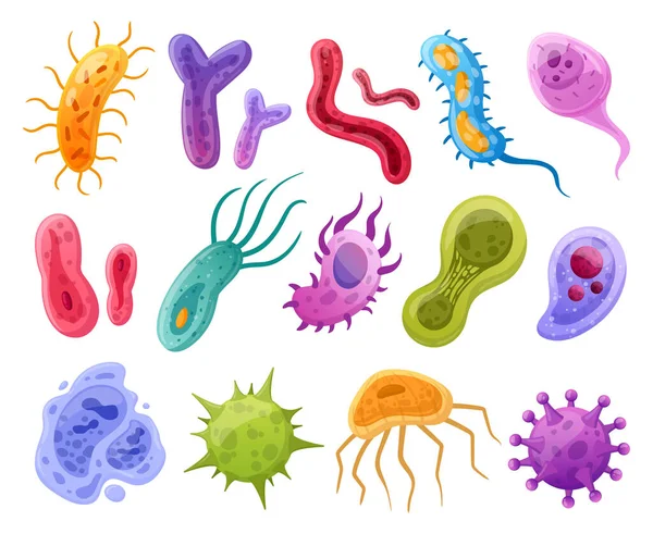 Virus Bande Dessinée Bactéries Microbes Microorganismes Microbiens Ensemble Illustrations Symboles — Image vectorielle