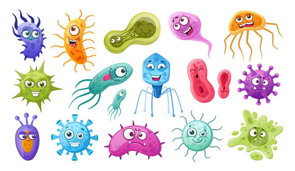 Cartoon bacteria, microbes and viruses germs mascots. Cute microorganisms, bacteria with facial emotions flat vector symbols illustration set. Funny bacteria and viruses