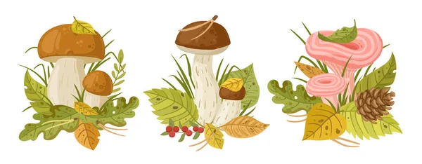葉や草で漫画食用の森キノコ 秋の季節キノコフラットベクトルイラストセット 葉を持つ木の植物 — ストックベクタ