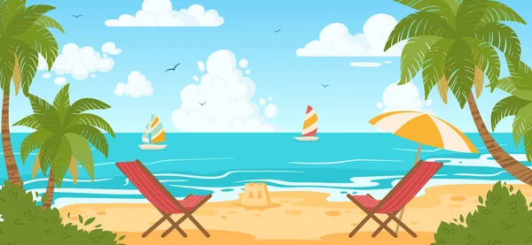 卡通片夏季海滨风景 自然天堂海滨风景 热带海滩 棕榈树和天空景观平面矢量图解 海洋全景 — 图库矢量图片