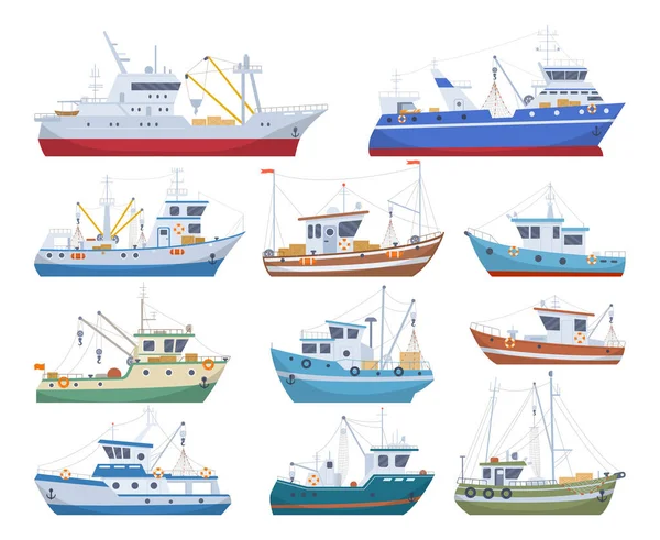 Barche Pesca Fumetti Industria Dei Frutti Mare Navi Nautiche Navi — Vettoriale Stock