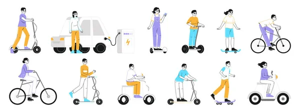 Personas Montando Vehículos Eléctricos Transporte Ecológico Scooter Bicicleta Hombre Mujer — Vector de stock
