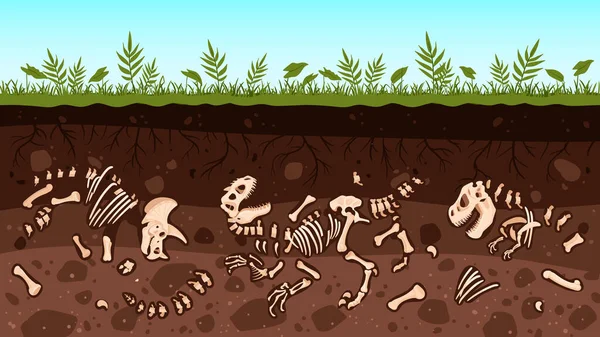 卡通龙化石 恐龙骨骼 考古学底层化石 古生物爬行动物骨骼平面矢量图解收集 迪诺骨挖掘 — 图库矢量图片