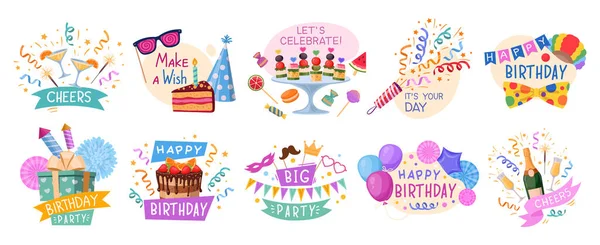 Happy Birthday Party Celebration Badges Cartoon Festive Elements Hand Drawn — Stock Vector