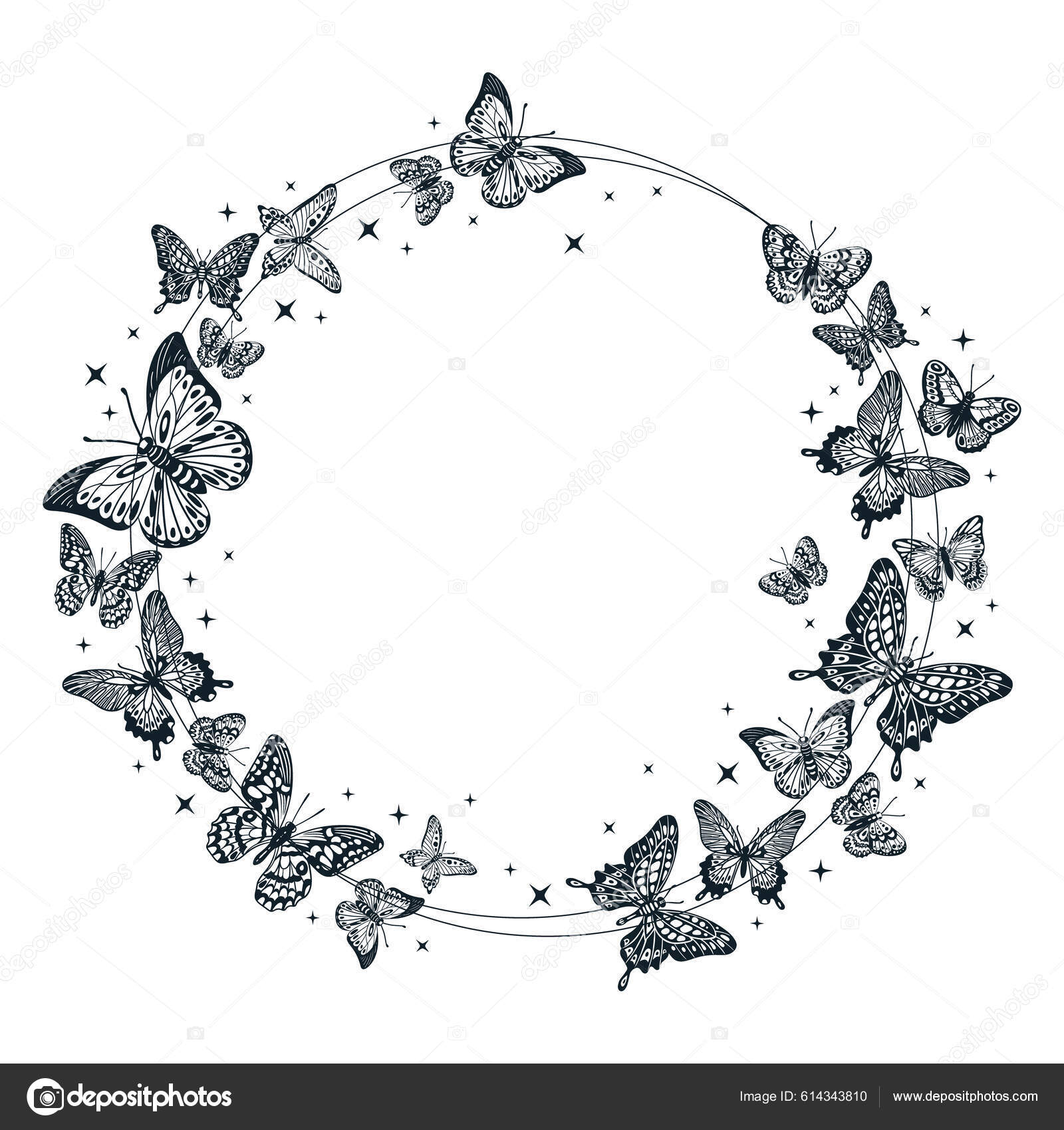 蝶のシルエットフレーム 漫画黒飛んで蝶 手描き昆虫丸枠 アウトライン蝶組成ベクトル背景イラスト 平蝶のデザイン ストックベクター  ©GreenSkyStudio 614343810, image size:1600x1700