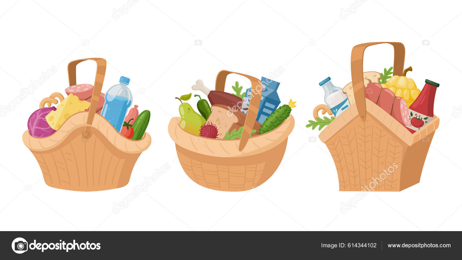 Picnic baskets. Wicker containers with fruit, vegetables, bread