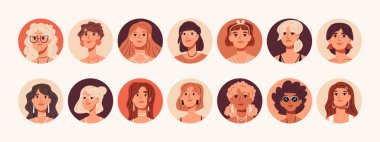 Güzel kızlar portreler, güzel çarpıcı kadın avatarları. Genç kadınların yüzleri, çizgi filmdeki kadın karakterler düz vektör çizimleri. Kadın portreleri koleksiyonu