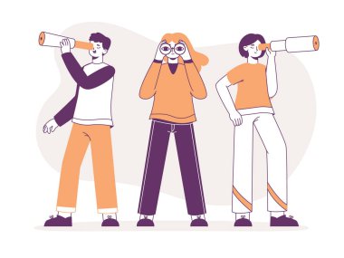 Dürbünlü işadamları çalışanları ya da boş evleri arıyor. Ofis çalışanları casus cam düz vektör çizimi olan adaylar arıyorlar. İş fırsatları ya da fikirler arayın