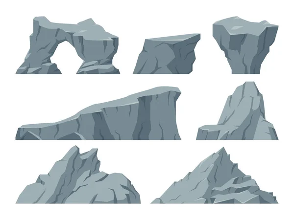 漫画の岩 灰色の砂利の石 重い山の岩 石畳や岩 石のフラットベクトルイラストセット杭 — ストックベクタ