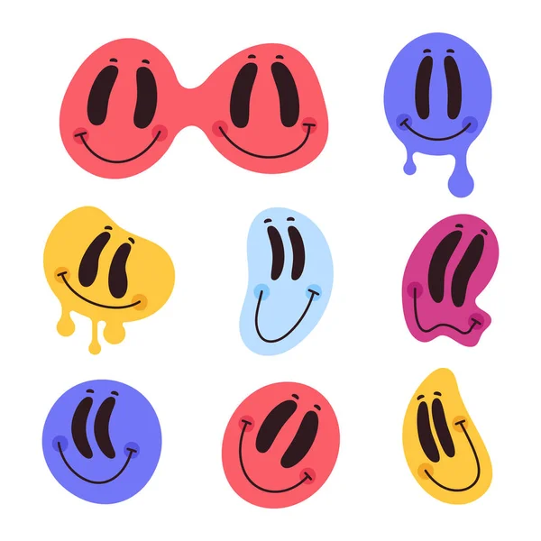 Cartoon Lachende Emoji Gezichten Leuke Stripfiguren Retro Glimlach Gezichten Grappige — Stockvector