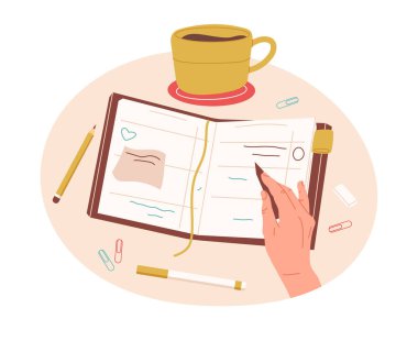 Kadın el yazısı, günlük doldurma, liste yapmak ya da haftalık planlama. El imzası, not alma, kahve ve kırtasiye vektör sembolleriyle serbest çalışma alanı. Kağıt işleri konsepti