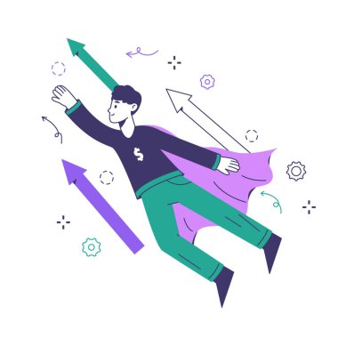 Uçan süper iş adamı karakteri, başarıya ulaşan ve hedeflere ulaşan adam. Girişim ve liderlik düz vektör çizimi. İş geliştirme