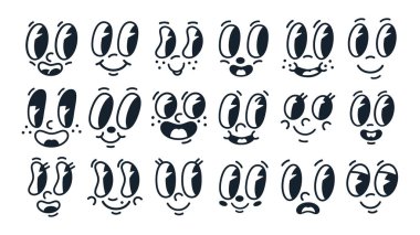 El çizimi, gülen suratlar, gözler ve ağızlar. Doodle emoji maskotları, retro ağızlar ve düz vektör illüstrasyon koleksiyonu. Çizgi film sevimli çizgi karakterleri