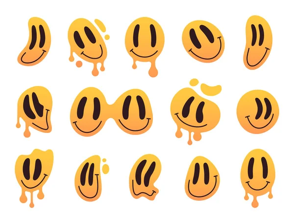 Goteando Caras Sonrisa Derretida Emojis Lindos Locos Groovy Mascotas Amarillas — Archivo Imágenes Vectoriales