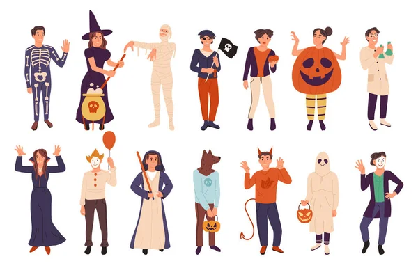 Pessoas Halloween Vestindo Trajes Máscaras Festa Outono Assustador Halloween Bruxa —  Vetores de Stock