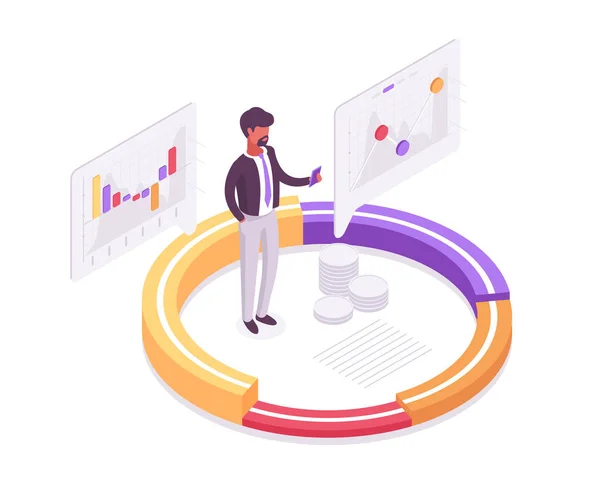 Isometric Adamı Veri Analizi Grafik Istatistik Analizi Ofis Çalışanı Finansal — Stok Vektör