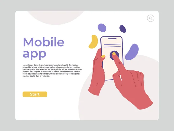 Mobilní Aplikace Stáhnout Přistávací Stránku Prsty Gadgets Obrazovku Cartoon Lidské — Stockový vektor