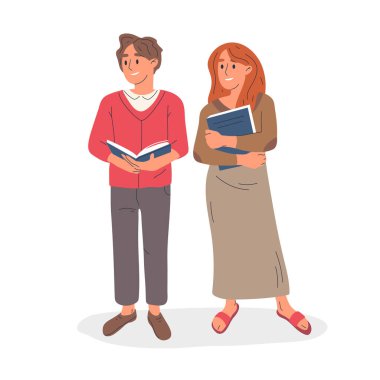 Birkaç kitap aşığı, ellerinde kitap tutan karakterler. Genç kadın ve erkek edebiyat hayranları vektör sembollerini izole ettiler. İnsanları okuyan çizgi film.