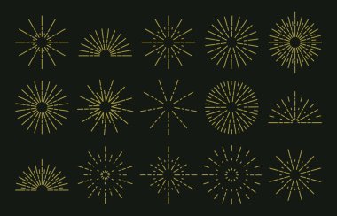 Güneş ışığı ana hatları, güneş ışığı karalama simgeleri. Doğrusal gün doğumu çizilmiş çerçeveler, soyut yükselen güneş düz sembolleri çizimi. Asgari güneş patlaması koleksiyonu