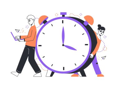 Zaman yönetimi, etkin iş programı düzenleme. Erkek ve kadın zaman çizelgesi yöneticileri ve büyük düz saat çizimleri. Çalışma süreci ana hatları düzenliyor