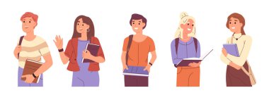 Genç üniversite öğrencileri ya da lise öğrencileri kitaplarla birlikte ayakta duruyorlar. Kızlar ve oğlanlar ellerinde eğitim edebiyatı, gülümseyen gençler vektör çizimi. Neşeli gençler grubu.