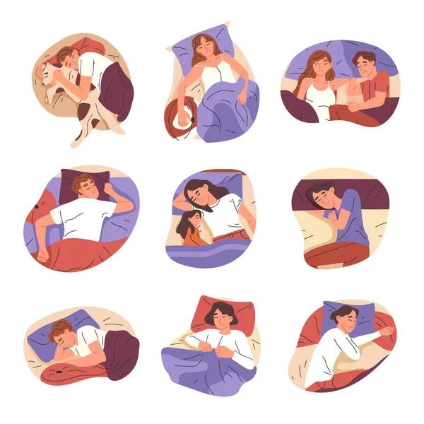 Sleeping People Couples Families Bedtime Lying Asleep Men Women Characters — Stock Vector