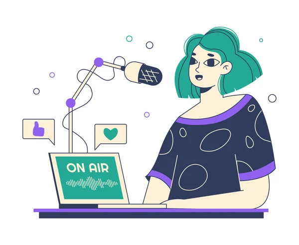 Kadın podcast, röportaj ya da talk show kaydı. Radyo programı, podcast ses kaydı düz vektör sembolü illüstrasyonu. Radyo sunucusu karakterleri