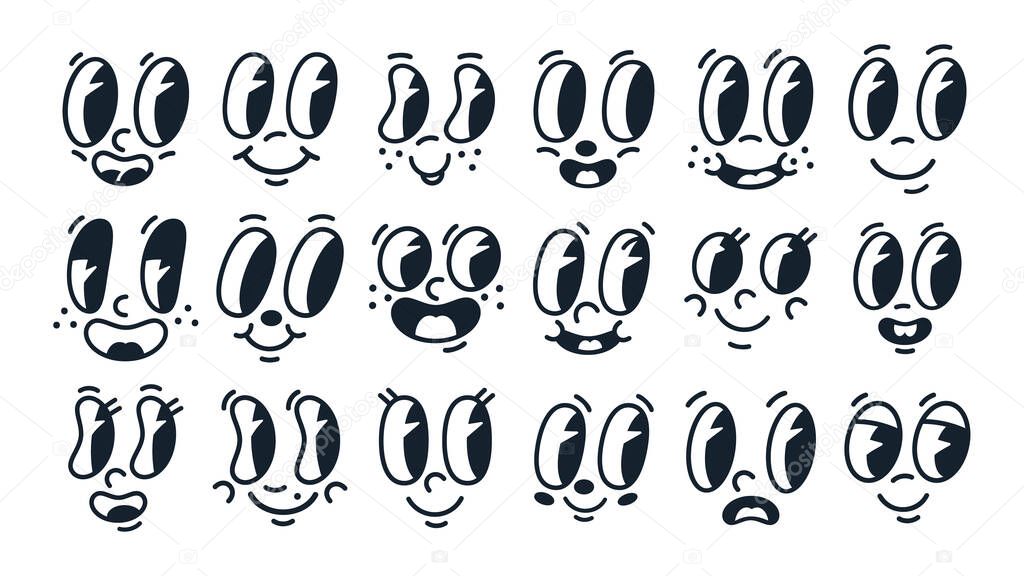 Hand drawn comic smiling faces with eyes and mouths. Doodle emoji mascots, retro mouths and eyes flat vector illustration collection. Cartoon cute comic characters