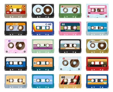Çizgi film teyp kaseti, 80 'lerin klasik kaset kaydı. Müzik ses kaseti, analog çalar, eski kaset düz vektör sembolleri seti. Retro 90 'ların kaset kaseti
