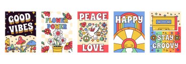 Çizgi film kapakları, 70 'lerin modası geçmiş hippi afişleri. Psikedelik vintage çıkartmalar poster, modaya uygun maskotlar düz vektör arkaplan çizimleri. Komik arka planlar