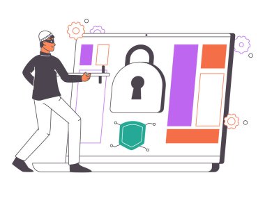 Hacker saldırı koruması, internet güvenliği kavramı. Siber suçlar ve internet dolandırıcılığı. Hırsız kişisel bilgileri çaldı. Düz vektör çizimi. Web siber suç mahalli