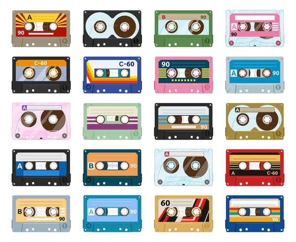 Çizgi film teyp kaseti, 80 'lerin klasik kaset kaydı. Müzik ses kaseti, analog çalar, eski kaset düz vektör sembolleri seti. Retro 90 'ların kaset kaseti