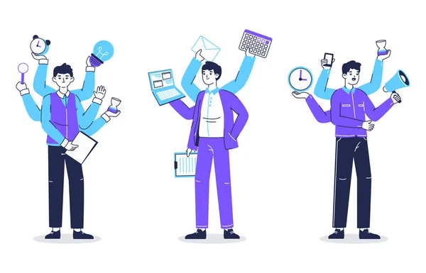 Productive, multitasking business people. Professional office workers doing many things simultaneously, multitasking characters flat vector illustration collection. Busy business people set