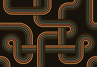 1970 'lerin soyut retro çizgili posteri. Klasik yarım ton, retro renk dokusu düz vektör arkaplan çizimi. Eski moda 70 'ler tarzı kapak