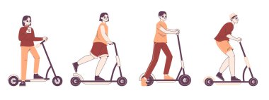 İnsanlar scooterlara biniyor, çevre dostu nakliye yolcuları. Elektrikli eko araçlar, modern ulaşım düz vektör çizim setine binen kadın ve erkekler. Scooter sürücülerini tekmele