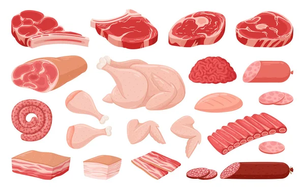 卡通肉 鸡胸肉 猪肉和牛肉牛排 生肉食品 汉堡包 牛肉牛排和腊肠等平面病媒图片集 肉铺肉制品 — 图库矢量图片