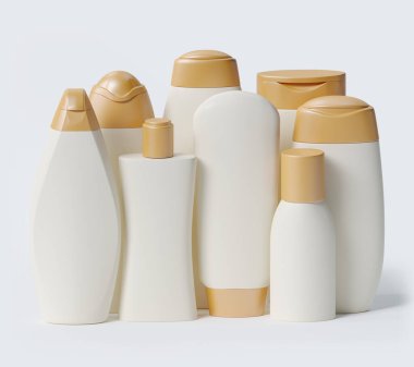 3d rendering. Body care products. A set of cosmetic products. Collection of packaging for cosmetics. Bottle for shampoo, hair conditioner, shower gel