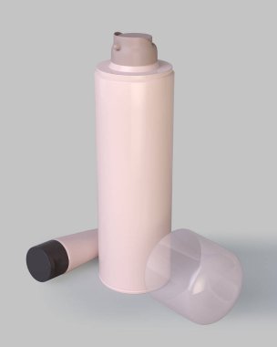 3d rendering of cosmetic cream tube and shaving gel bottle on a grey background.
