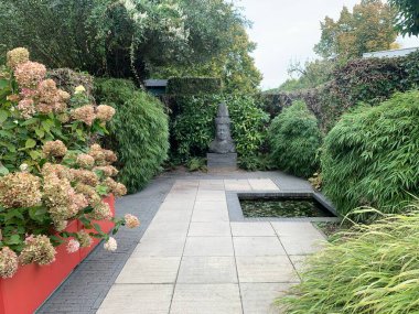 Apeltern, Hollanda, 12 Ekim 2022: Appeltern Hollanda 'nın en büyük bahçe fikri parkı. Terası, göleti ve Buda heykeli olan bir meditasyon bahçesi. Kırmızı ekili ortanca paniklemesi.