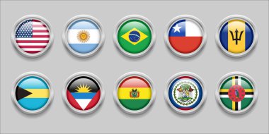America Continent Flags Set Collection 3D round flag, badge flag, United States, Antigua-Barbuda, Argentina, Bahamas, Barbados, Belize, Bolivia, Brazil, Chile, Dominica